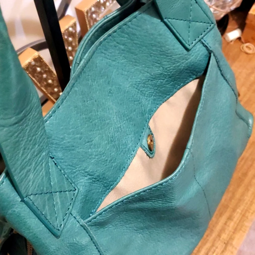 American Leather Co. Ada Triple Entry Leather Crossboy Satchel Deep Lake, Teal - Picture 6 of 12